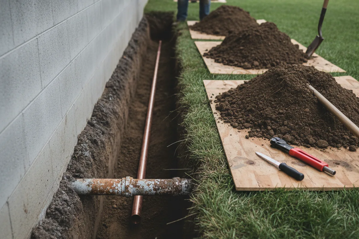 Excavated water line trench during Sewer Line Repair in Avoca